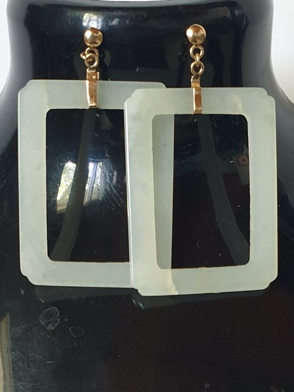 Rare Vintage 14K Gold Natural White Nephrite Jade Statement Earrings